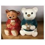 2 Bear Cookie Jars, Blue/green One Head Is
