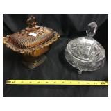 Amber Covered Dish & Clear Cut Glass Candy Base
