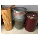 Wood accordion gate, galvanized waste cans no