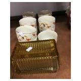 Amber Butter dish, Hall jewel tea cups