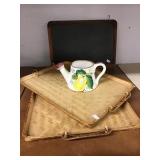 Bamboo trays, chalkboard, ceramic sprinkling can