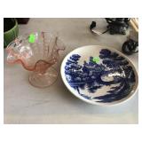 Plate With Crack &  Pink Depression Ped. Bowl