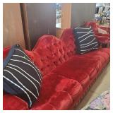 Red Velvet Sofa, Arm Chair And Pillows. 2 Of 2