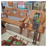 Wooden Figurines, Doll Bench & Chair. 4 Total