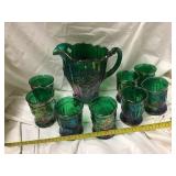 Green Glass Pitcher And Tumblers