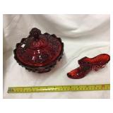 Ruby Red Covered Candy Dish And Shoe