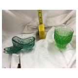 Glass shoe and green depression dessert cups