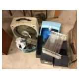 Fan, file boxes, foot mixer, saw horse brackets