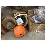 Baskets, lighted pumpkin, light fixture