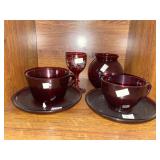 Ruby Depression Glass Goblet, Vase, 2 Tea Cups