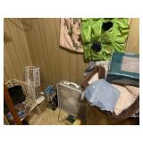 Wood Shelf, Linens, Shoe Bag, Floor Fan, Light