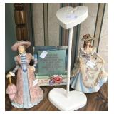 Porcelain Lady Figurines, Wood Heart & Decor