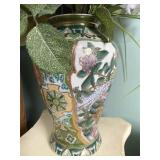 Asian Motif 10" Vase With Silk Flower Arrangement