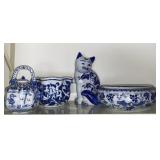 Blue Ware Tea Pot, Planter, Bowl, Cat Figurine