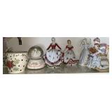 4 Porcelain Figurines, Snow Globe & Candle Holder