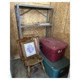 Metal Shelf, Totes, Framed Pictures, Damaged Chair
