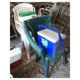 6 Plastic Chairs, 2 Coolers