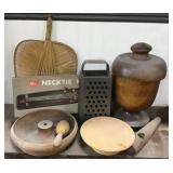 Fan, Wooden Compote With Lid Chipped, Grater,
