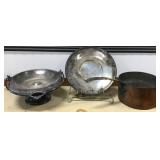 Copper Pot, Silver Plate Plate And Serving Dish