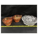 Pressed Glass Candy Dish, 2 Carnival Glass Cups