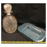 Pressed Glass Decanter, Blue Bubble Dish