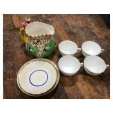 Honey Bee Pitcher, Saucers, Milk Glass Cups