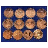 LOT OF 12 ASSORTED ONE OUNCE .999 COPPER