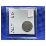 1867 THREE CENT NICKEL VG