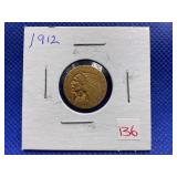 1912 INDIAN HEAD TWO 1/2 DOLLAR GOLD COIN