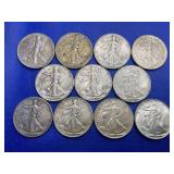 LOT OF 11 WALKING LIBERTY HALF DOLLARS FROM THE