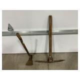 2 PRIMATIVE PICK AXES; 1 DOUBLE SIDED, 1 ADZE