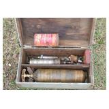 ANTIQUE WOODEN TOOL BOX WITH BRASS FIRE