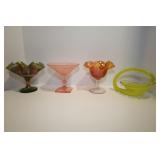 FENTON GREEN CARNIVAL GLASS PEACOCK TAIL COMPOTE