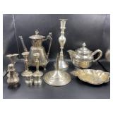 LARGE LOT OF SILVER PLATE & STERLING TEA POTS,