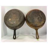 LOT OF 2 UNMARKED CAST IRON SKILLETS - 10" - ONE