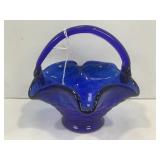 FENTON COBALT BLUE RUFFLED GLASS BASKET - 5" X 6"