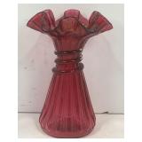 FENTON CRANBERRY GLASS RUFFLED VASE - 7 1/4" TALL