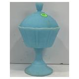 FENTON BLUE SATIN LIDDED CANDY DISH - 9" TALL