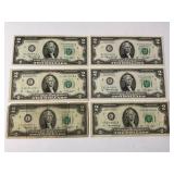 LOT OF 6 - $2 FEDERAL RESERVE NOTES - SOME CRISP