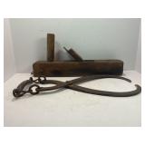 PRIMITIVE WOOD HAND PLANE AND ICE TONGS