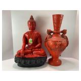 BUDDHA STATUE AND VINTAGE MCM VASE - 16" TALL