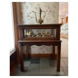 WALNUT GLASS TOP DISPLAY TABLE WITH LARGE LOT OF