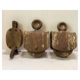 LOT OF 3 PRIMITIVE WOOD BARN PULLEYS