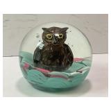 ST. CLAIR GLASS PAPERWEIGHT WITH OWL - 3 1/2"