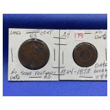 1864-1873 TWO CENT PIECE AND U.S. LARGE CENT
