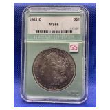 1921 D MORGAN SILVER DOLLAR NTC MS66