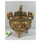 JAPANESE SATSUMA TRIPOD CENSER WITH LID - 7" TALL