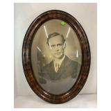 ANTIQUE OVAL TIGERWOOD BUBBLE GLASS FRAMED PICTURE