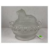 IMPERIAL GLASS "LION ON A NEST" COVERED CANDY DISH