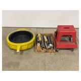 OIL CHANGING CATCH BUCKET, SHOP STOOL, GREASE